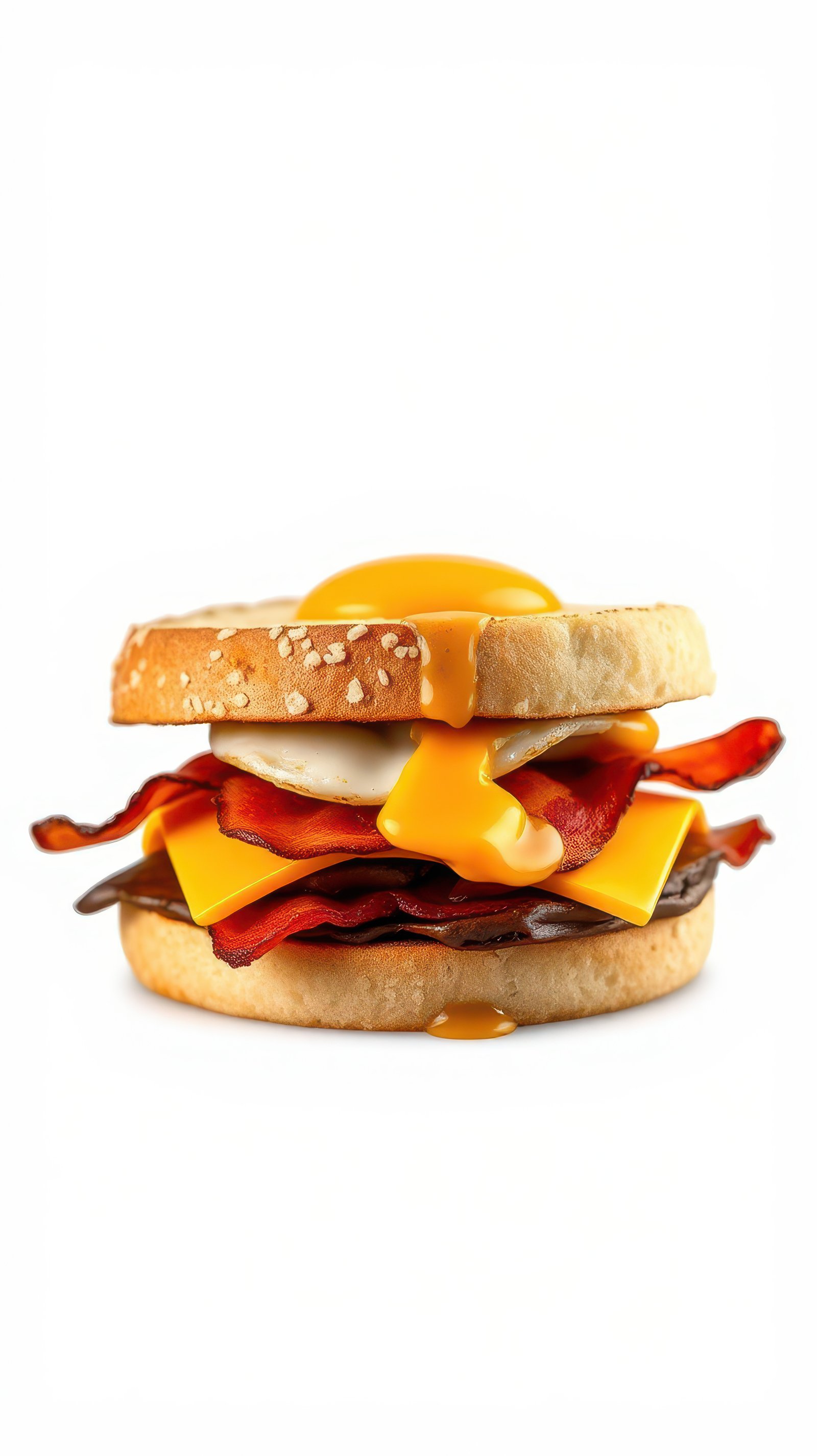 Delicious breakfast sandwich with bacon, cheese, and a runny egg served on a sesame seed bun